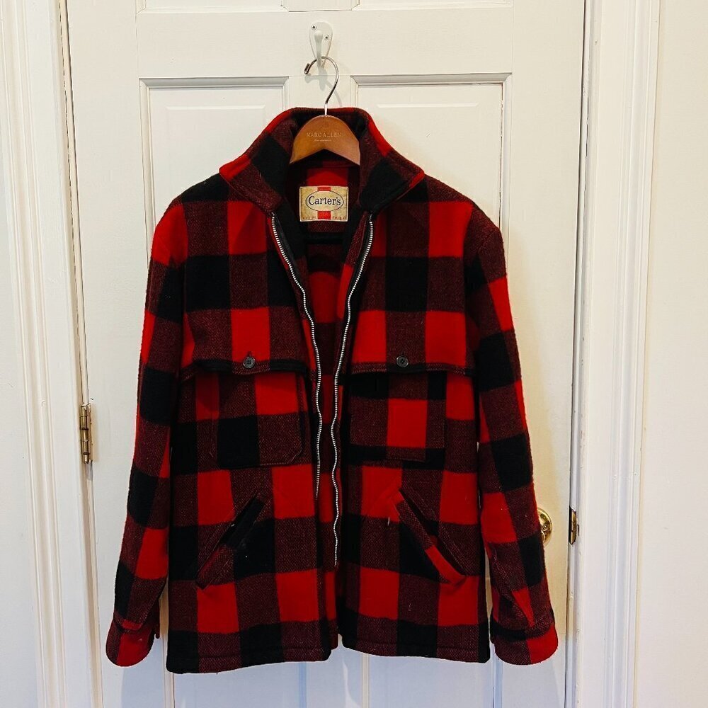 Vintage 40s Men’s Carter’s Red Black Buffalo Plaid Wool Work Wear Jacket Coat M